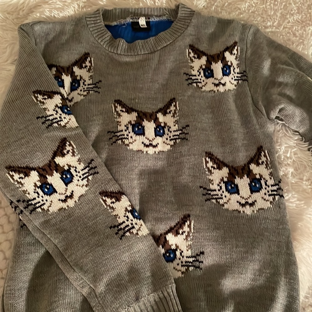 Gray Cat Pattern Crewneck Sweater